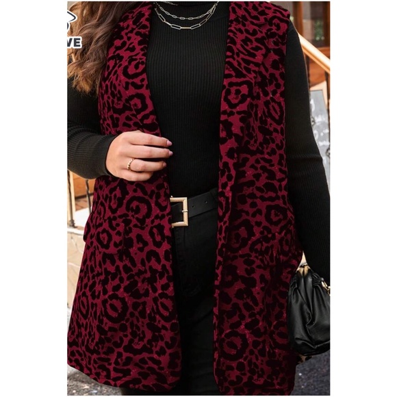 Jackets & Blazers - Plus Leopard Print Pocket Button up Vest